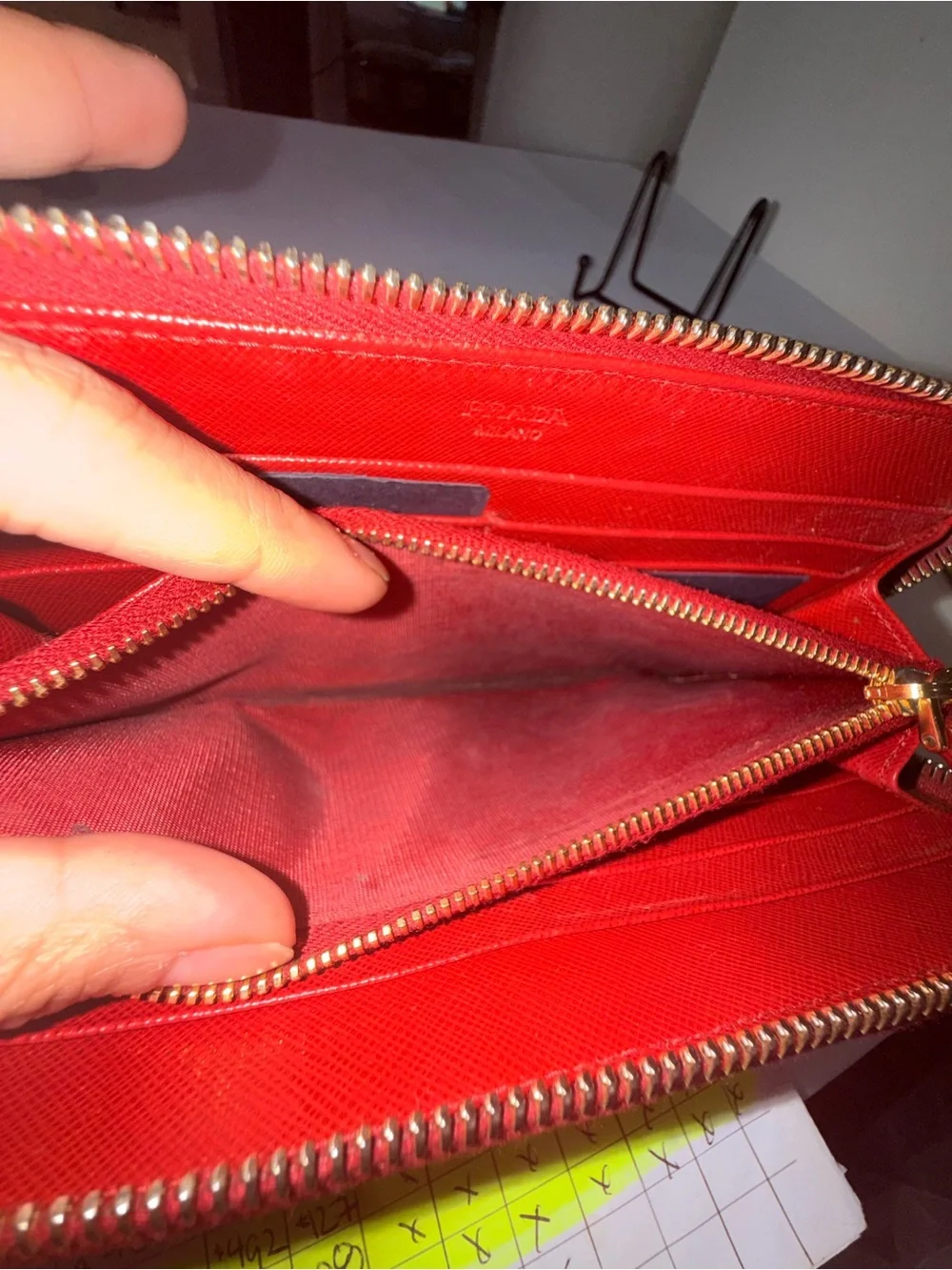 Prada Red Saffiano Zip Card Holder with Gold Logo